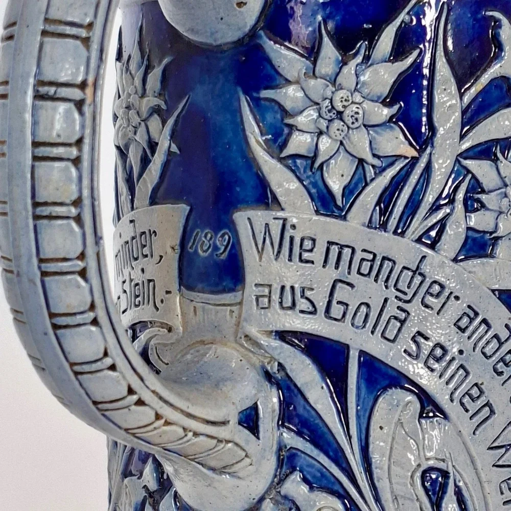 Vintage German 1L Beer Stein Cobalt Relief Pewter Lid #789 Einladung zum Tanz